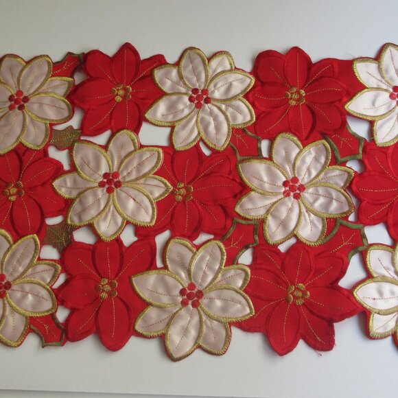 Poinsettia Satin Cut-Out Table Runner Embroidered Christmas 12" x 68" - Picture 9 of 10